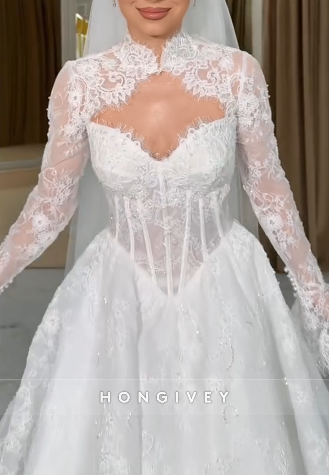 Lace Bell Sleeves Sweetheart A-Line Empire High Neck Wedding Dresses