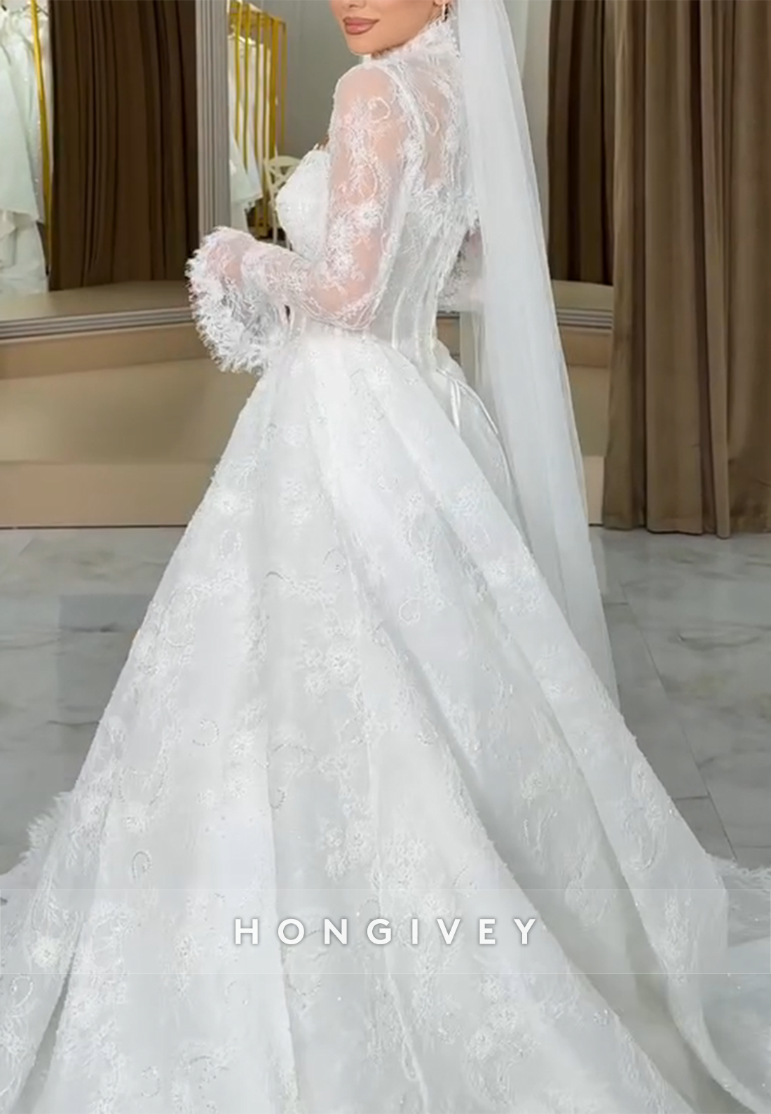 Lace Bell Sleeves Sweetheart A-Line Empire High Neck Wedding Dresses