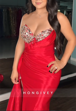 Strapless Satin Trumpet Red Side Draping High Slit Beaded Prom Dresses