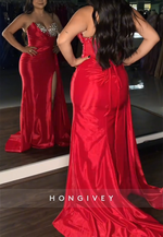 Strapless Satin Trumpet Red Side Draping High Slit Beaded Prom Dresses