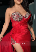 Strapless Satin Trumpet Red Side Draping High Slit Beaded Prom Dresses