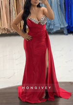 Strapless Satin Trumpet Red Side Draping High Slit Beaded Prom Dresses