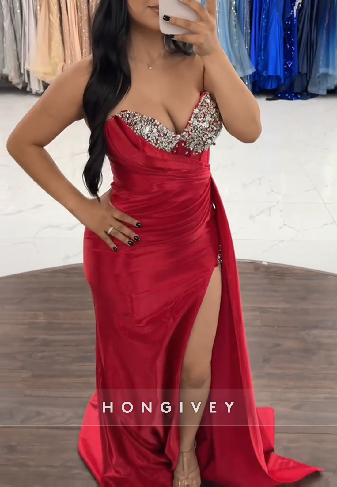 Strapless Satin Trumpet Red Side Draping High Slit Beaded Prom Dresses