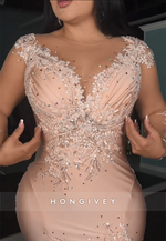 Blush Long Sleeves Illusion Neck Trumpet Side Slit Prom Dresses with Feather