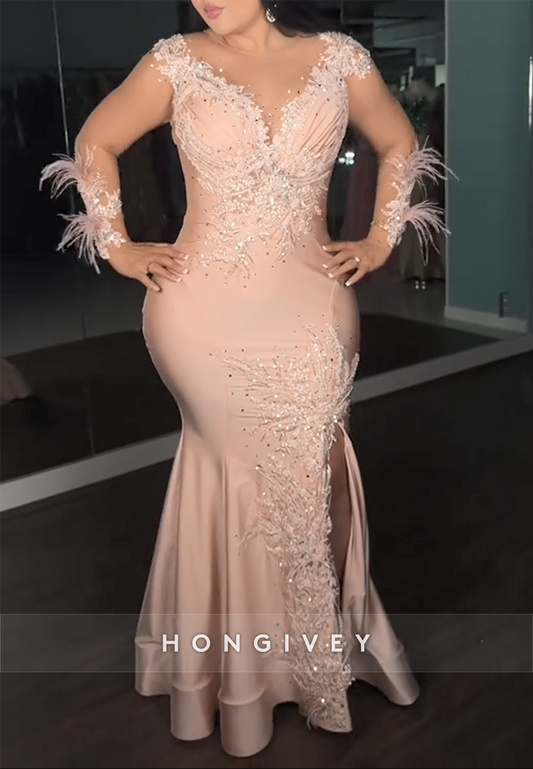 Blush Long Sleeves Illusion Neck Trumpet Side Slit Prom Dresses with Feather
