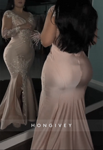 Blush Long Sleeves Illusion Neck Trumpet Side Slit Prom Dresses with Feather