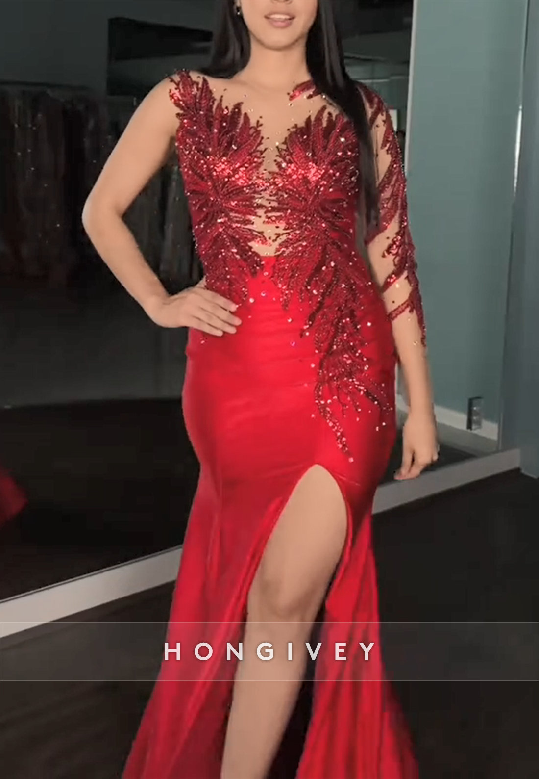 Red Sequined Sparkly Side Slit Illusion Neck Pleated Trumpet Prom Dresses