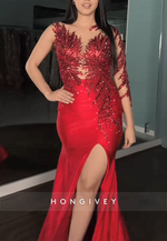 Red Sequined Sparkly Side Slit Illusion Neck Pleated Trumpet Prom Dresses