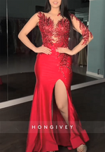 Red Sequined Sparkly Side Slit Illusion Neck Pleated Trumpet Prom Dresses