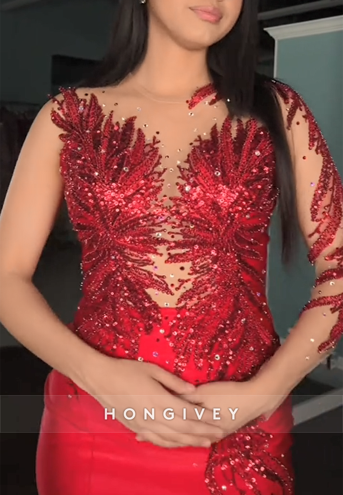 Red Sequined Sparkly Side Slit Illusion Neck Pleated Trumpet Prom Dresses