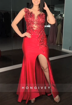 Red Sequined Sparkly Side Slit Illusion Neck Pleated Trumpet Prom Dresses