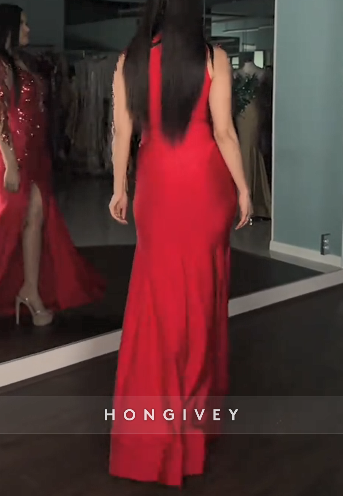 Red Sequined Sparkly Side Slit Illusion Neck Pleated Trumpet Prom Dresses