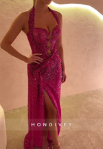 Sweetheart Sequined Floor-Length Side Slit Sleeveless Column Prom Dresses