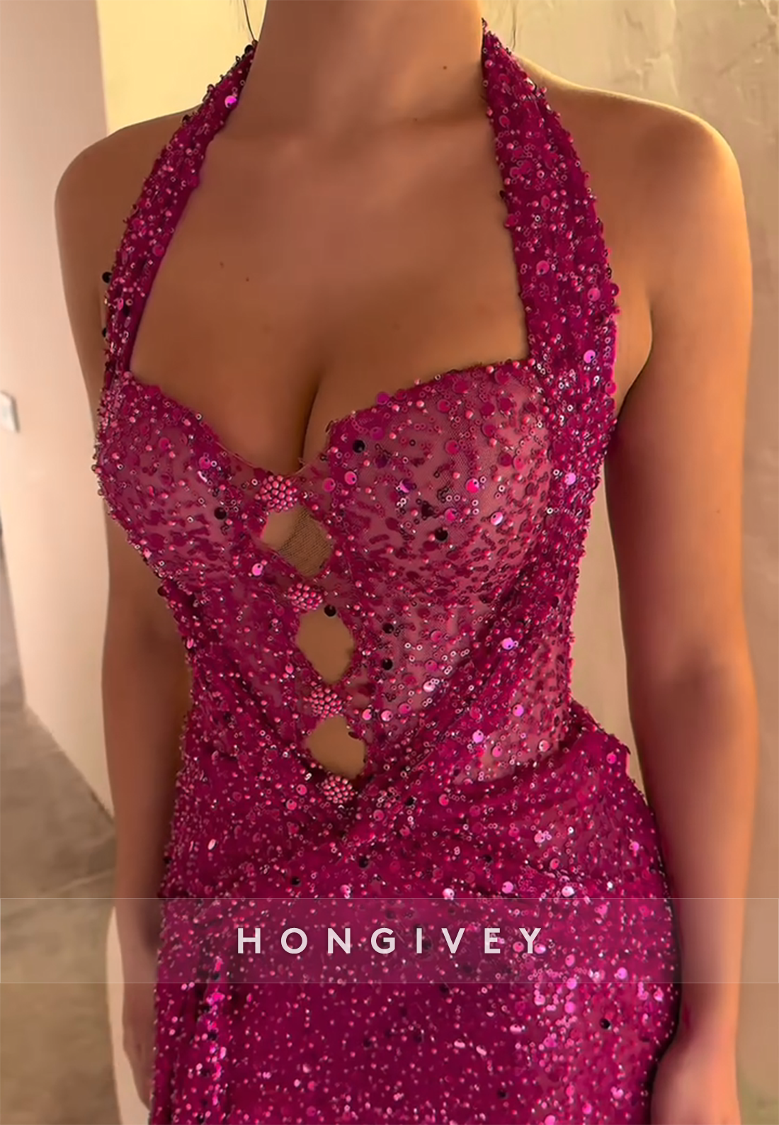 Sweetheart Sequined Floor-Length Side Slit Sleeveless Column Prom Dresses