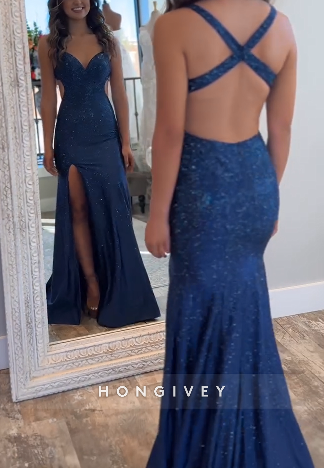 Navy Blue V-Neck Trumpet Sleeveless Glitter Crisscross Back Prom Dresses
