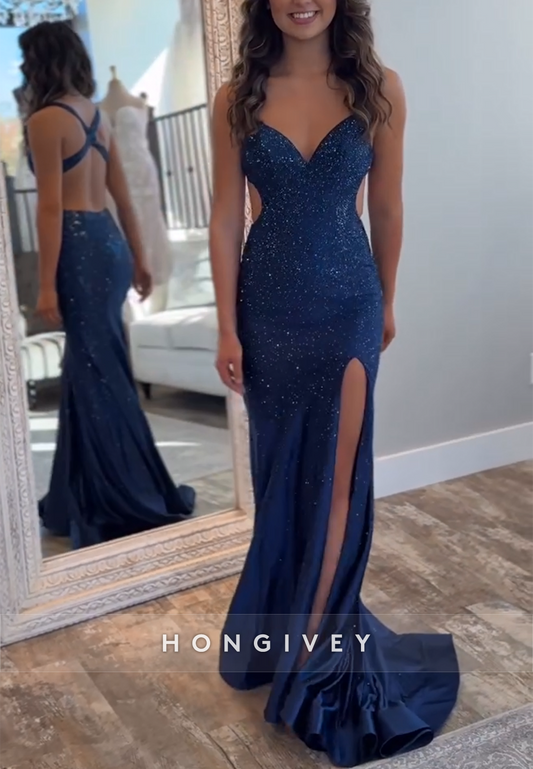 Navy Blue V-Neck Trumpet Sleeveless Glitter Crisscross Back Prom Dresses