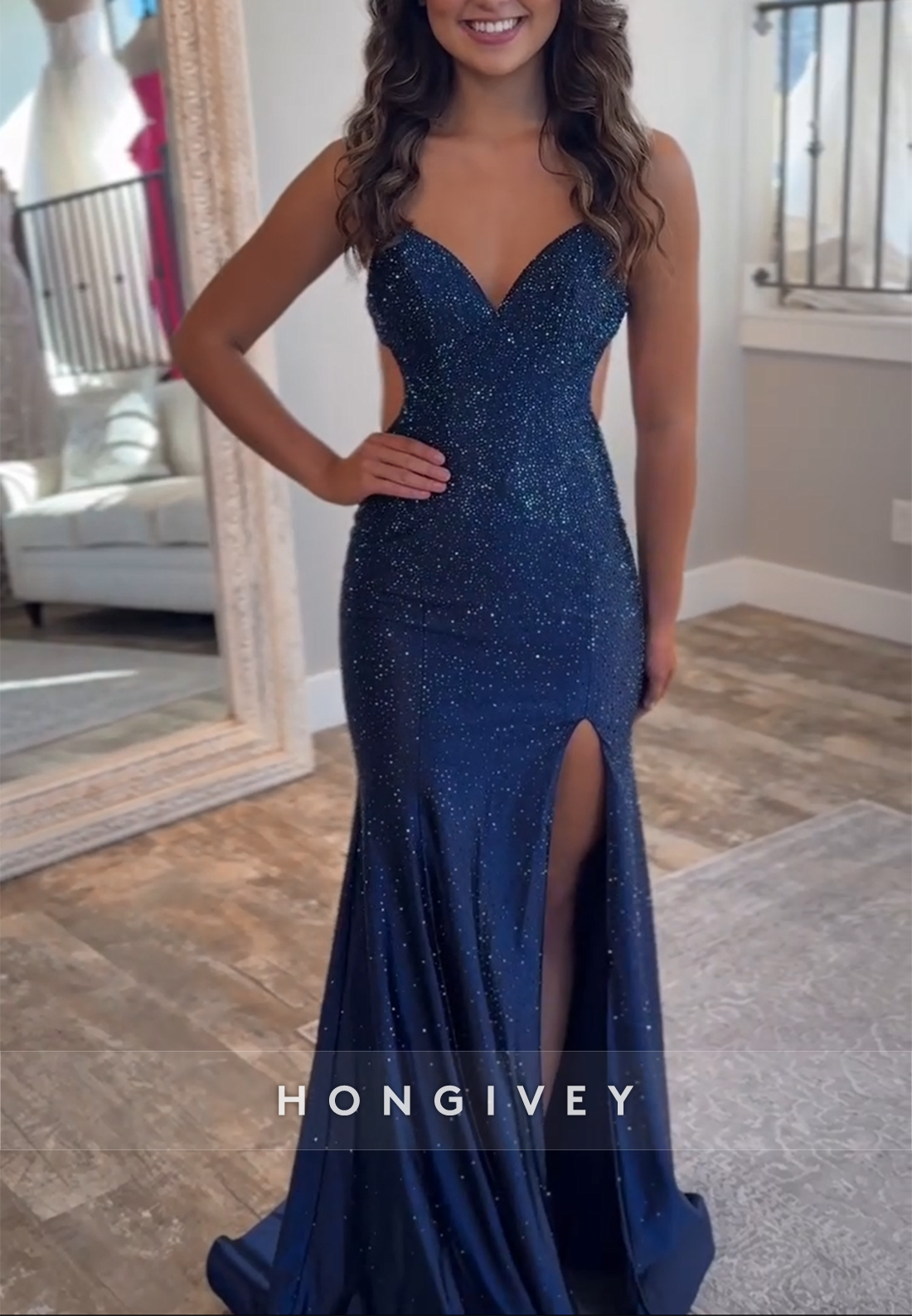 Navy Blue V-Neck Trumpet Sleeveless Glitter Crisscross Back Prom Dresses