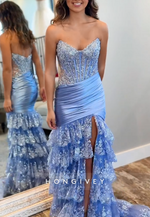 Charming Sparkly Strapless Appliqued Side Slit Prom Dresses with Ruffles