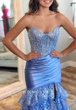 Charming Sparkly Strapless Appliqued Side Slit Prom Dresses with Ruffles