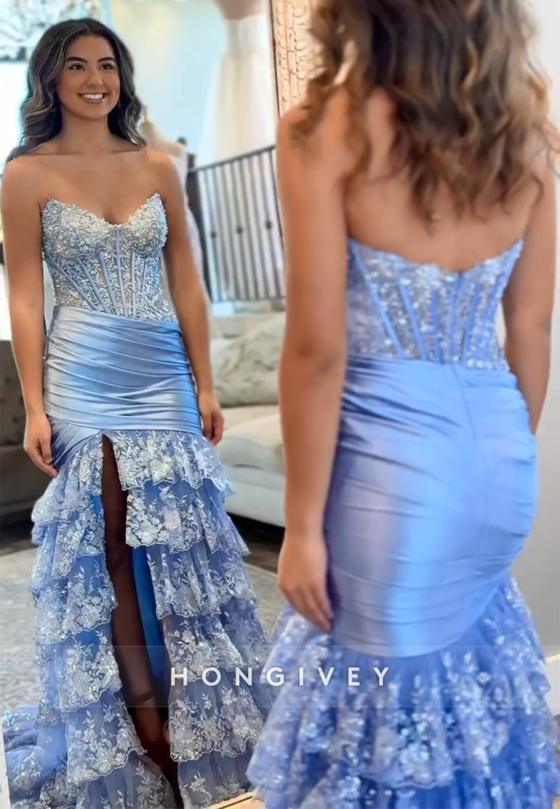 Charming Sparkly Strapless Appliqued Side Slit Prom Dresses with Ruffles