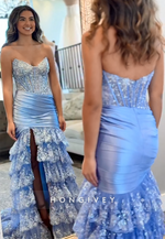 Charming Sparkly Strapless Appliqued Side Slit Prom Dresses with Ruffles