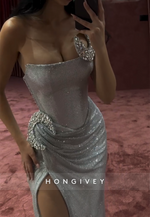 Sexy Strapless Glitter Strapless Pleated High Slit Prom Dresses with Rhinestone