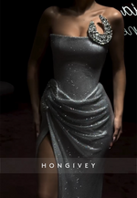 Sexy Strapless Glitter Strapless Pleated High Slit Prom Dresses with Rhinestone