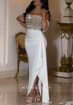 Sweetheart Off the Shoulder Side Slit White Prom Dresses with Pearls