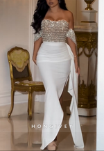 Sweetheart Off the Shoulder Side Slit White Prom Dresses with Pearls