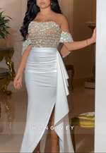 Sweetheart Off the Shoulder Side Slit White Prom Dresses with Pearls