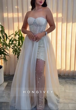 Sweetheart Side Slit A-Line Tulle Floor-Length Wedding Dresses with Rhinestone