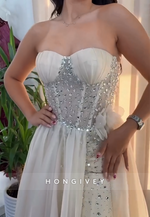 Sweetheart Side Slit A-Line Tulle Floor-Length Wedding Dresses with Rhinestone