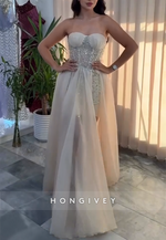 Sweetheart Side Slit A-Line Tulle Floor-Length Wedding Dresses with Rhinestone