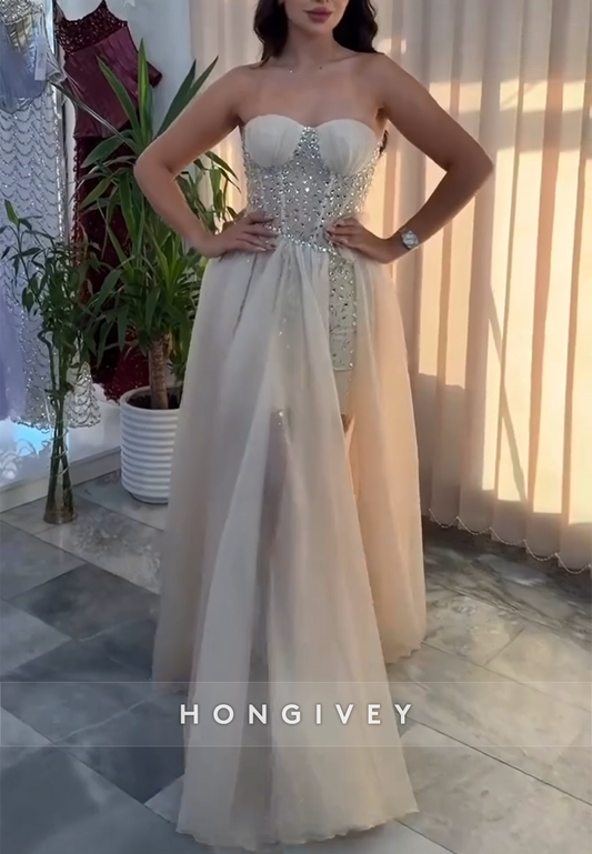 Sweetheart Side Slit A-Line Tulle Floor-Length Wedding Dresses with Rhinestone