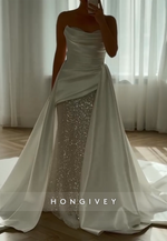 Strapless Glitter Detachable Chapel Train Mermaid Wedding Dresses