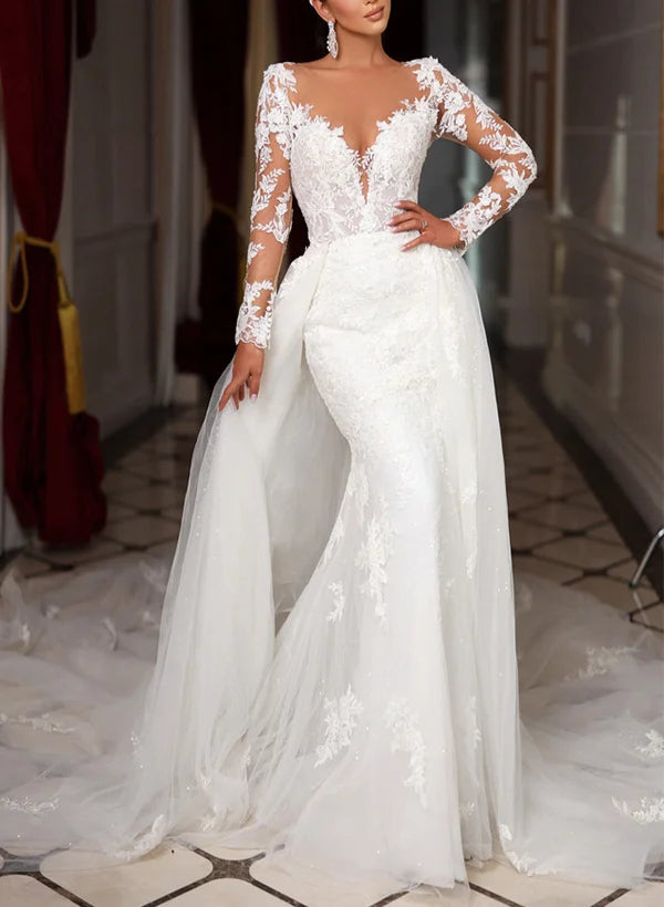 Trumpet/Mermaid Long Sleeves Tulle Wedding Dresses With Appliques Lace