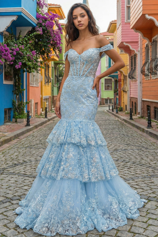 Off the Shoulder Sleeveless Mermaid Sparkle Tassel Prom Dress
