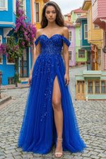 Off the Shoulder Applique Tulle A-Line Side Slit Prom Dress