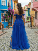 Off the Shoulder Applique Tulle A-Line Side Slit Prom Dress