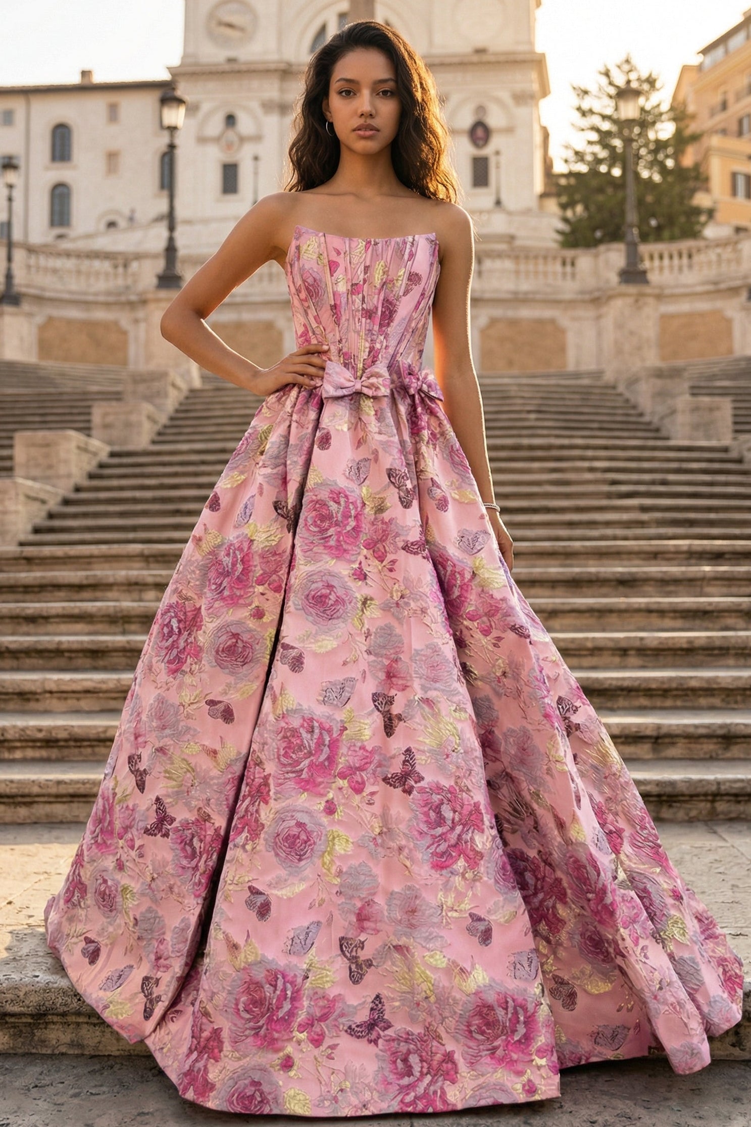 Pink Strapless Floral Print Flowers A-Line Bow Prom Dress