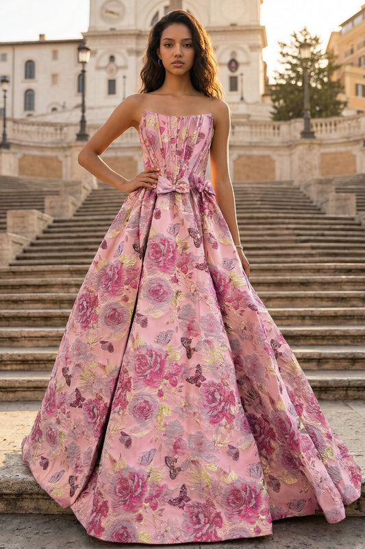 Pink Strapless Floral Print Flowers A-Line Bow Prom Dress