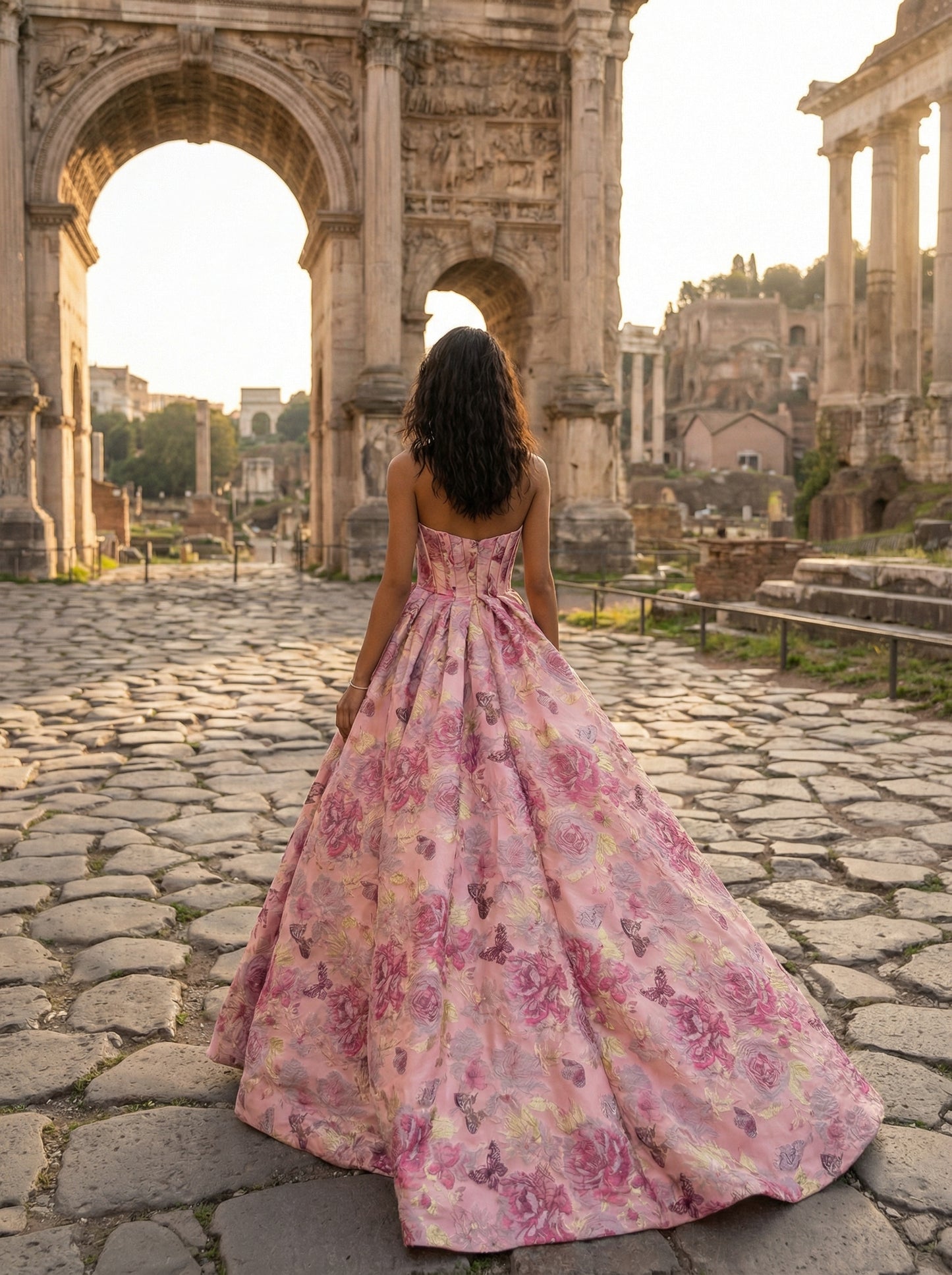 Pink Strapless Floral Print Flowers A-Line Bow Prom Dress