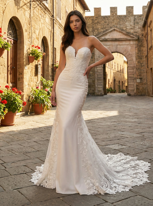 Mermaid Sleeveless Sweetheart Applique Lace Floor-Length Wedding Dress