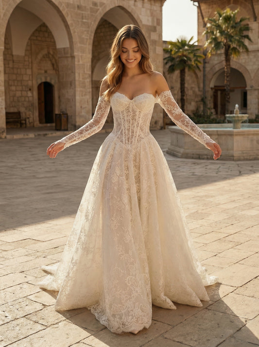 Off the Shoulder Lace Long Sleeve A-Line Women Wedding Dress Floor-Length