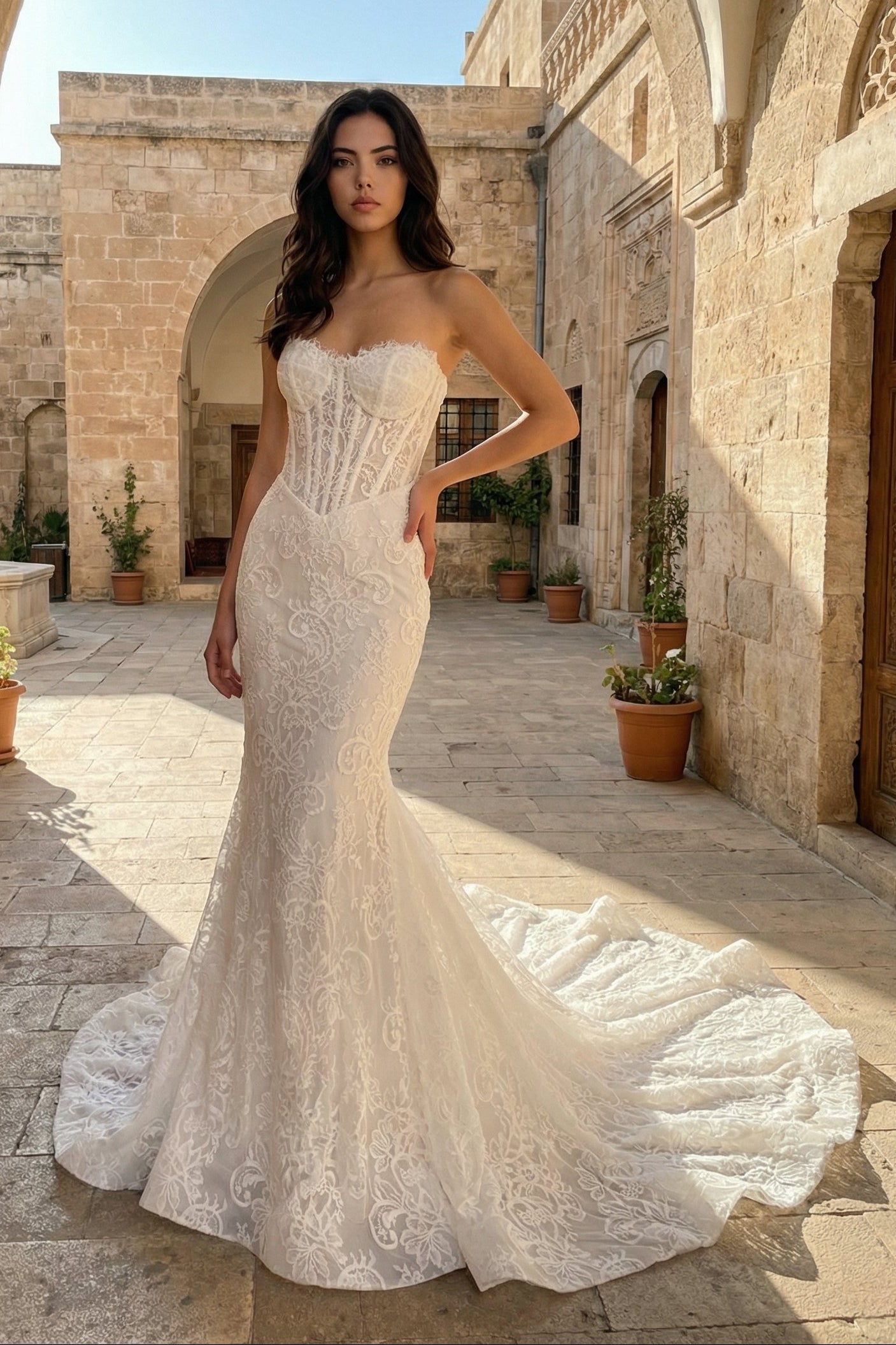 Luxurious Mermaid Scoop Neck Lace Beach Wedding Dress