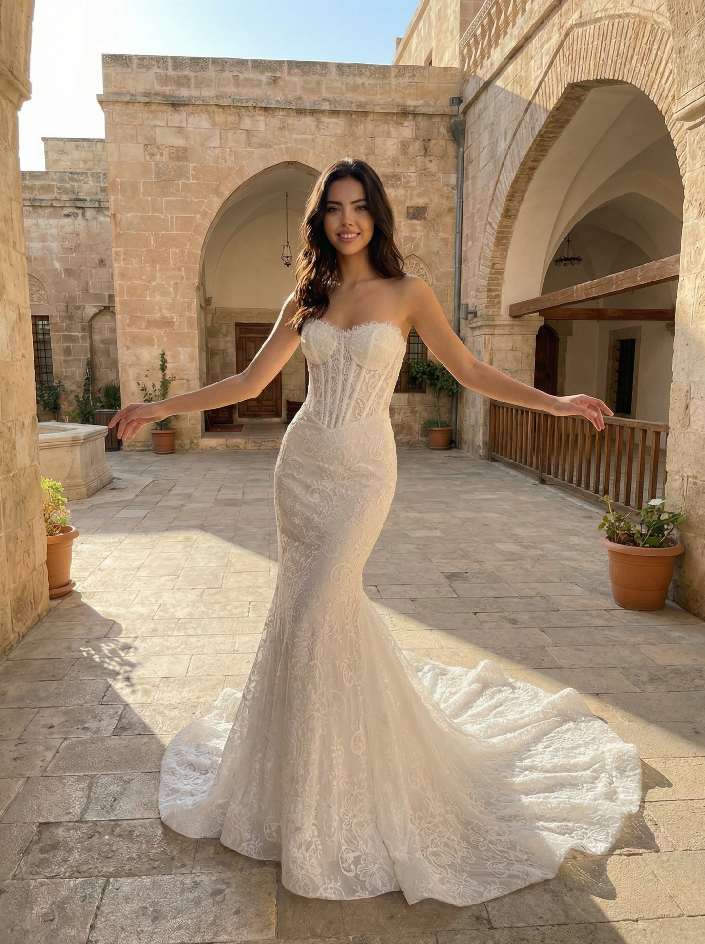 Luxurious Mermaid Scoop Neck Lace Beach Wedding Dress