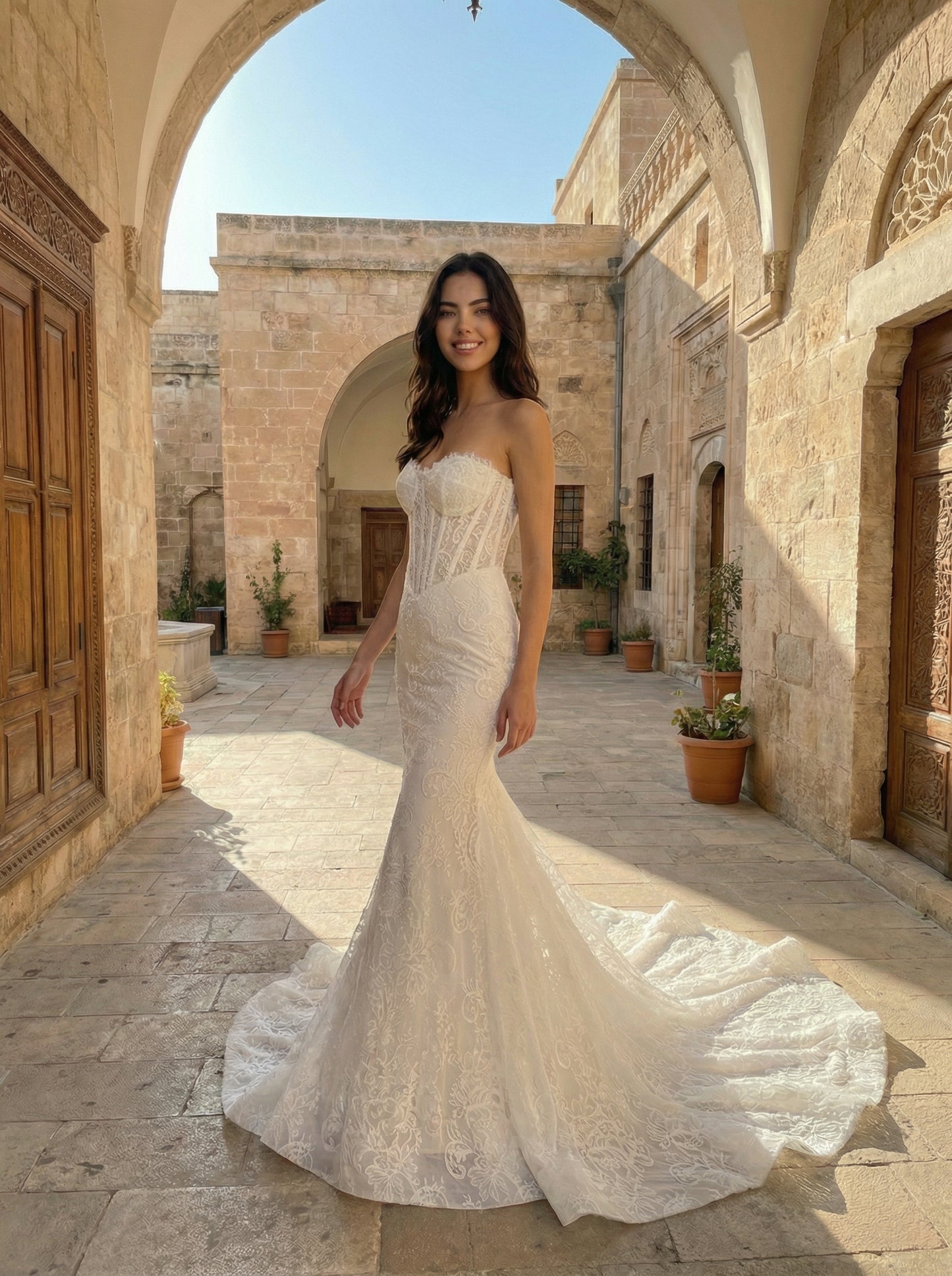 Luxurious Mermaid Scoop Neck Lace Beach Wedding Dress