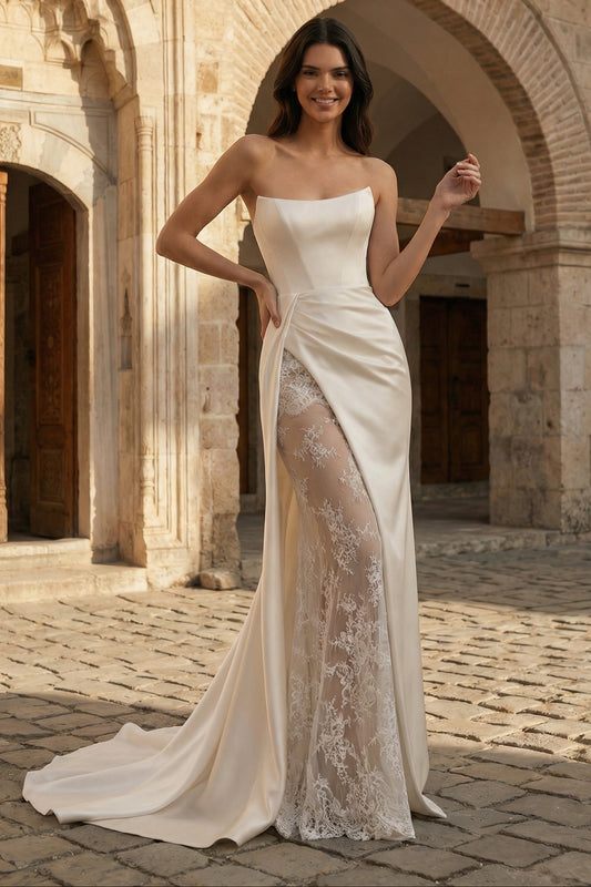 Gorgeous Satin Strapless Lace Sleeveless Wedding Dress with Split