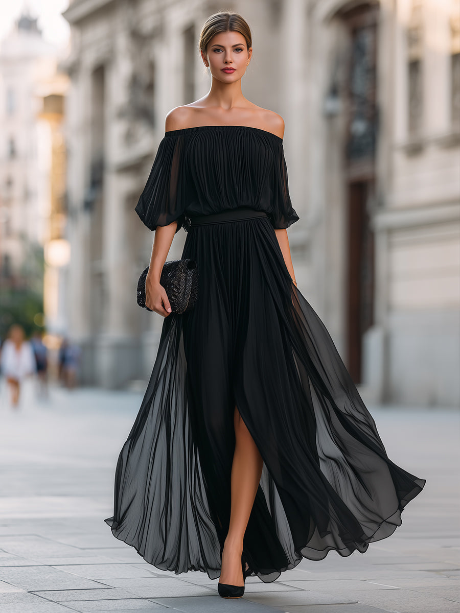 Off-Shoulder Pleated Chiffon Wedding guest Dress