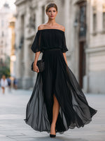Off-Shoulder Pleated Chiffon Wedding guest Dress